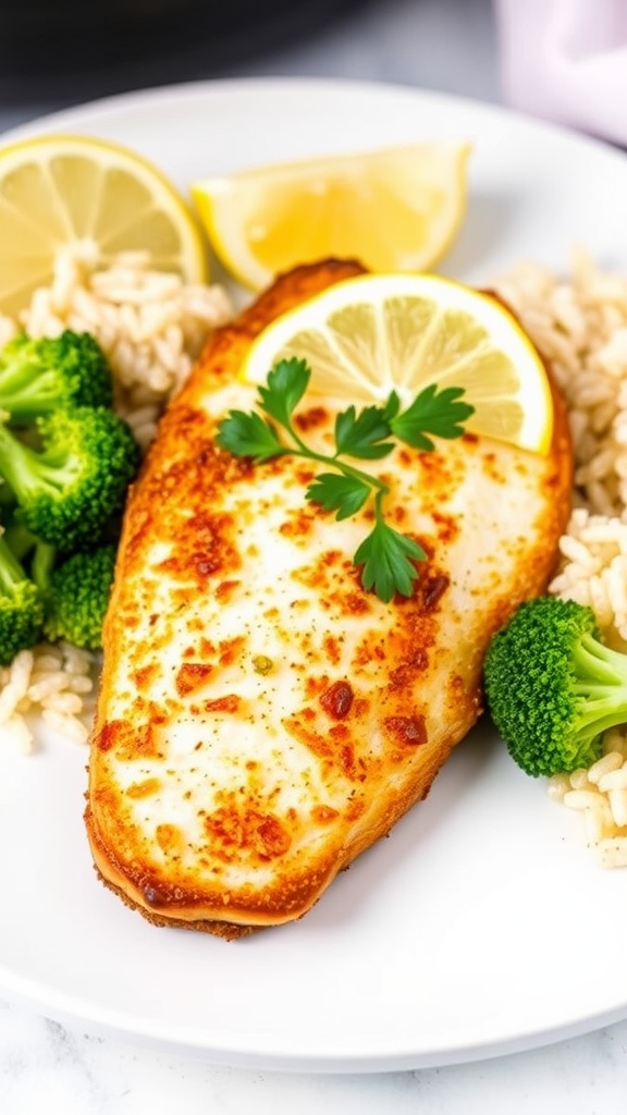 Crispy air fryer tilapia served with lemon and parsley on a white plate with broccoli and rice.